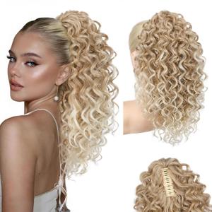 SEIKEA Ponytail Extension, 18" Claw Clip Ponytail Extension Wavy Curly Jaw Clip in Ponytail Hair Extensions Fluffy Natural Soft Fake Pony Tails Synthetic Hairpiece Dark Blonde to Light Blonde