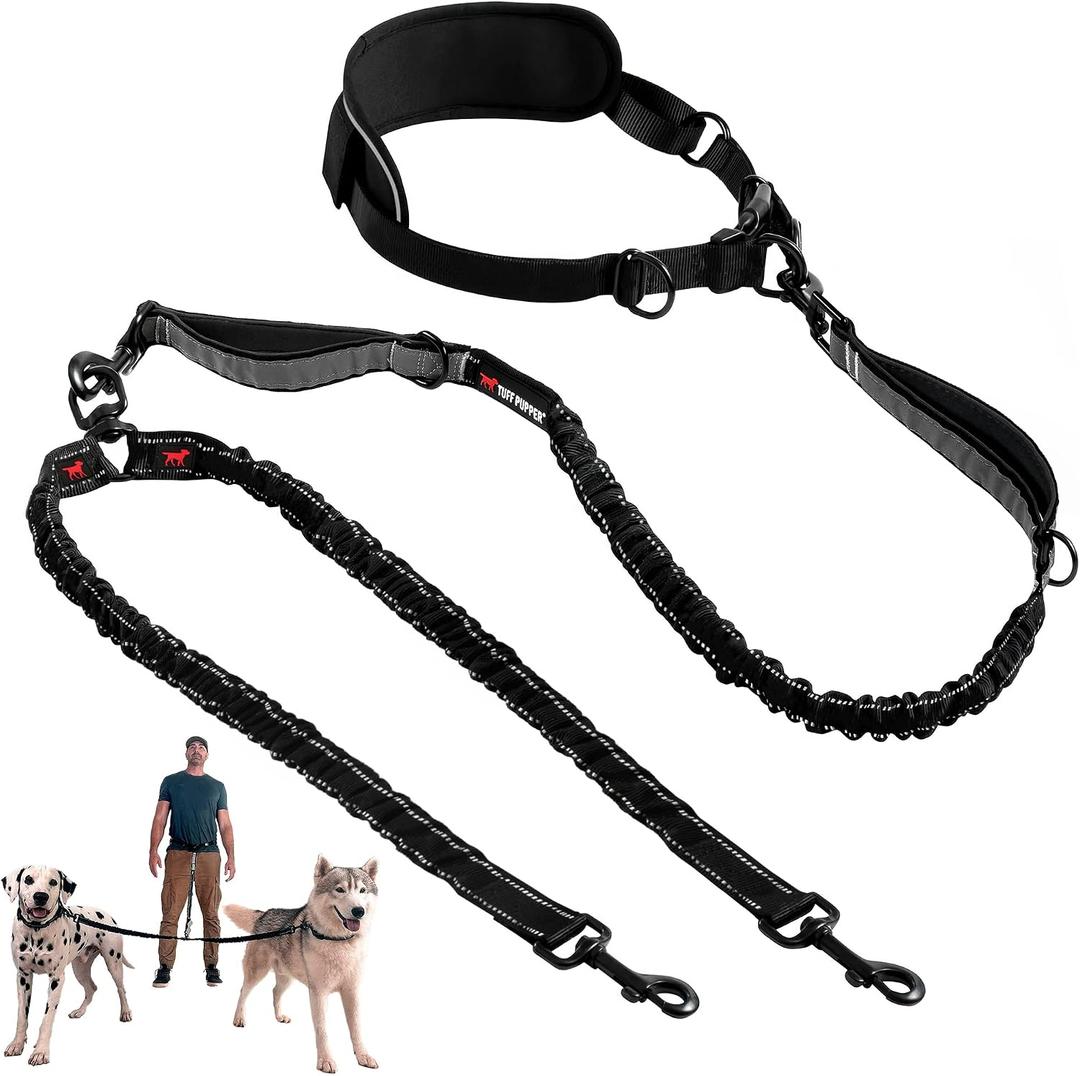 Tuff Pupper Heavy Duty Hands Free Bungee Dog Leash | Two Large Dogs Up to 250 lbs | Comfortable Shock Absorbing Bungee | Reflective Dual Padded Handles | Lumbar Waist Belt 22-45" | 360° Swivel Clips