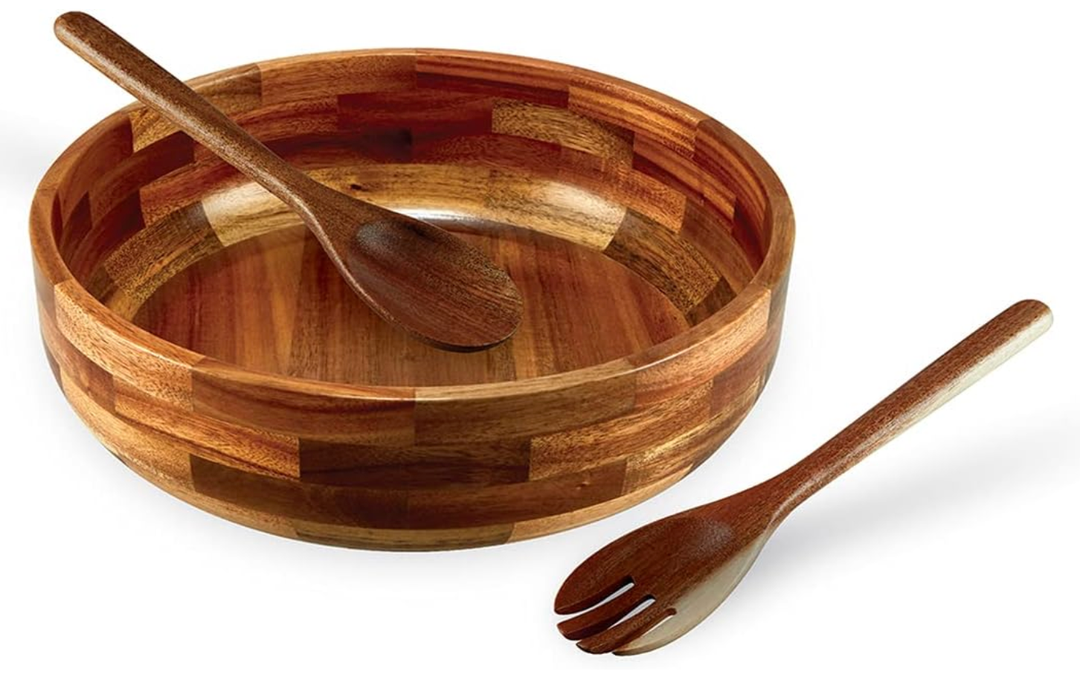 SullyHÔME 12" Acacia Wood Salad Bowl with Serving Spoons