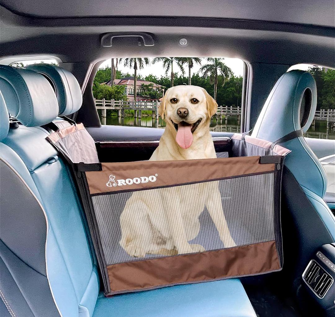 ROODO Medium Large Dog Car Seat Waterproof Oxford Cloth Hard Bottom Half seat Breathable Hammock Adjustable Seat Belt and Fixing Strap Pet Car Travel System Easy Storage and Portability(Brown) 