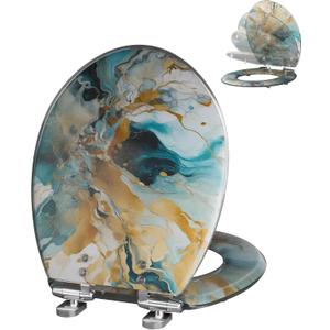Angol Shiold Marble Elongated Resin Toilet Seat Soft Close Quick Release Metal Zinc Alloy Hinge Easy to Install also Easy to Clean, Decorative Acrylic Seats (17 Inch, Modern Green Marble Art Print)