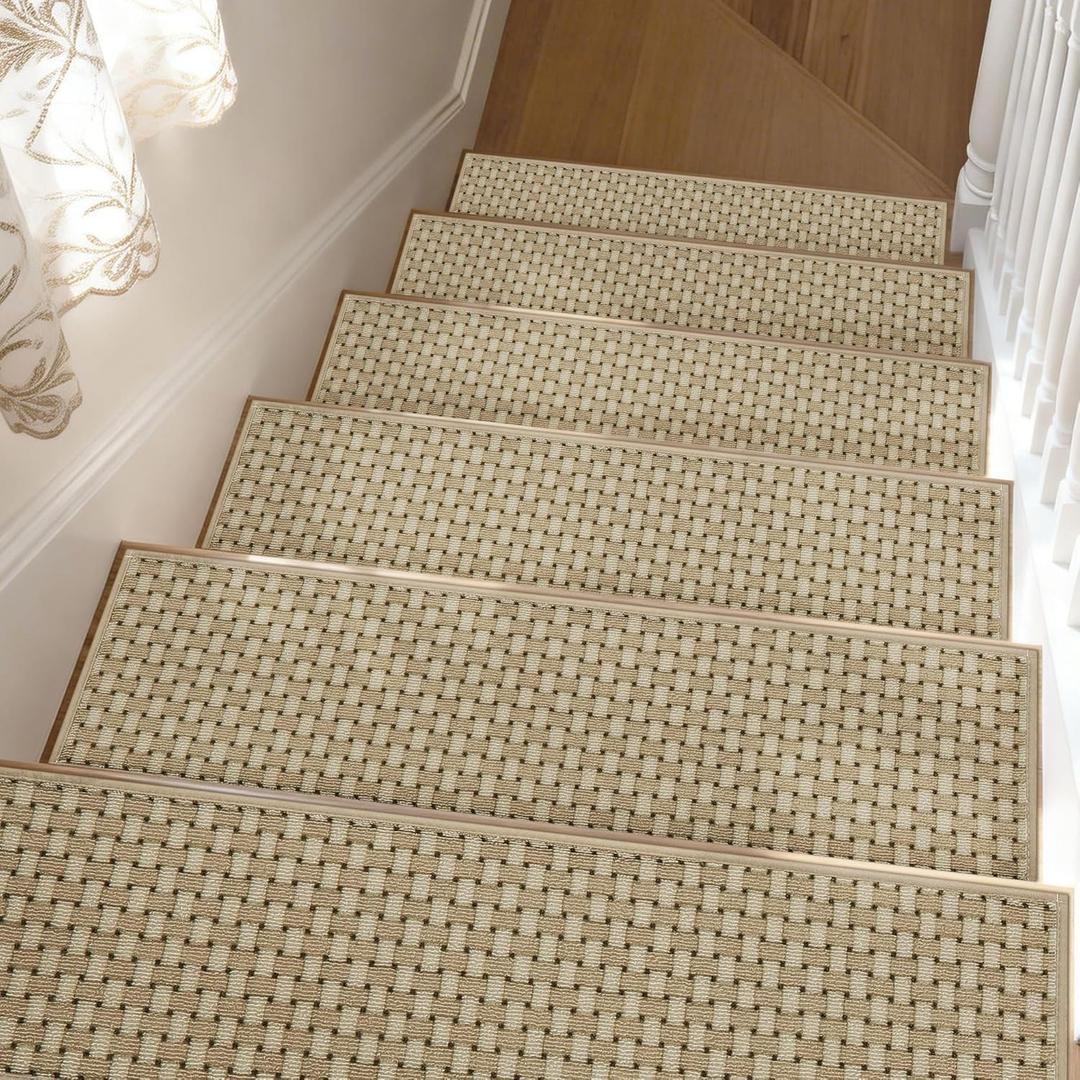 Stair Treads for Wooden Steps Non-Slip Machine Washable Carpet Stair Treads 8"X30" Soft Indoor Stair Rug Runner for Kids Elders and Pets, 100% Polyester, TPE Backing, 15pcs, Beige/White