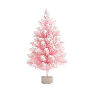2FT Artificial Christmas Tree Pink Tabletop Christmas Tree with Wooden Stand Snow Flocked Mini Xmas Pine Tree for Christmas Indoor Outdoor Holiday Home Decoration