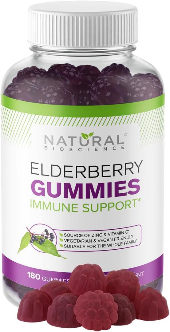 Sambucus Elderberry Gummies with Vitamin C & Zinc Immune Support Supplement for Adults & Kids, 180 Vegan Chewable Gummies, Black Elderberry Extract, Antioxidant Boost, Gluten-Free, GMP Facility, BBD 06/2028