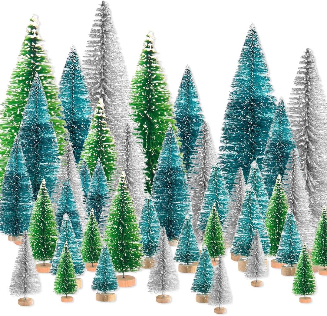 30Pcs Silver Green Artificial Mini Christmas Trees, Bottle Brush Christmas Trees with Wooden Base, Miniature Small Xmas Trees for Christmas Party Home Table Crafts Indoor Winter Decoration