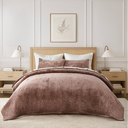 EVERGRACE Velvet Quilt Set Full Queen Size, Luxurious Soft Striped Channel Bedding Set, Lightweight Velvet Comforter for All Season, Oversized Bedspread Coverlet with 2 Matching Shams, Terracotta Clay