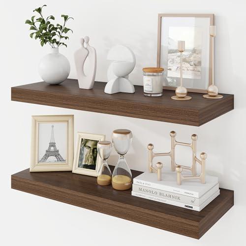 Acovy 24 Inch Floating Shelves, 9.3" Deep Floating Shelf Wall Mounted, 24" Wall Shelves, Rustic Deep Bookshelf, Large Display Shelves & Storage Shelves for Bedroom, Living Room, Walnut, Set of 2