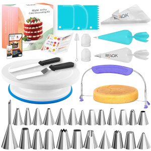 RFAQK 64PCs Cake Decorating Kit with Leveler, Baking Supplies Gift Includes Cake Stand Turntable, 24 Numbered Icing Tips, 30+1 Piping Bags, 2 Frosting Spatulas, 3 Scrappers, Video Course & Booklet