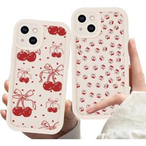 2 Pack Cherry Phone Case for iPhone 13 6.1",Cute Aesthetic Cases Kawaii Bow Design Pattern Cover for Girls Women,Beige Soft Anti-Scratch Shockproof Protection Funda for iPhone 13
