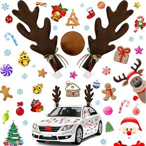 Frienda 9 Pcs Christmas Car Decorations Car Reindeer Antler Kit and Nose Christmas Car Window Sticker Christmas Party Decoration Antlers Auto Xmas Holiday Accessories for SUV Van Truck