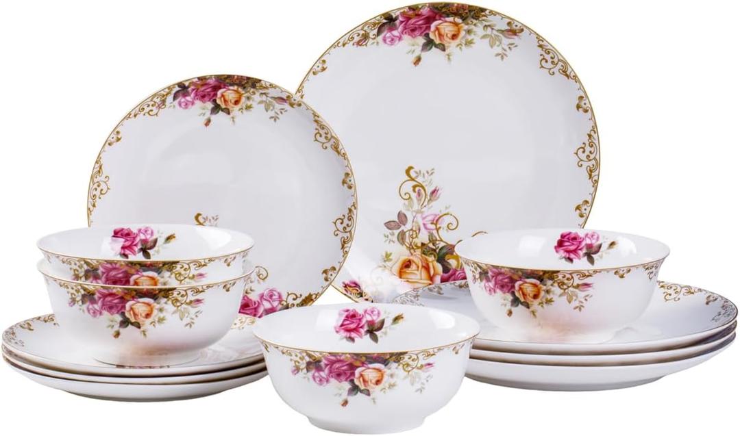 12 Piece Dinnerware Sets for 4, White Porcelain Gold Rim, Formal Dining