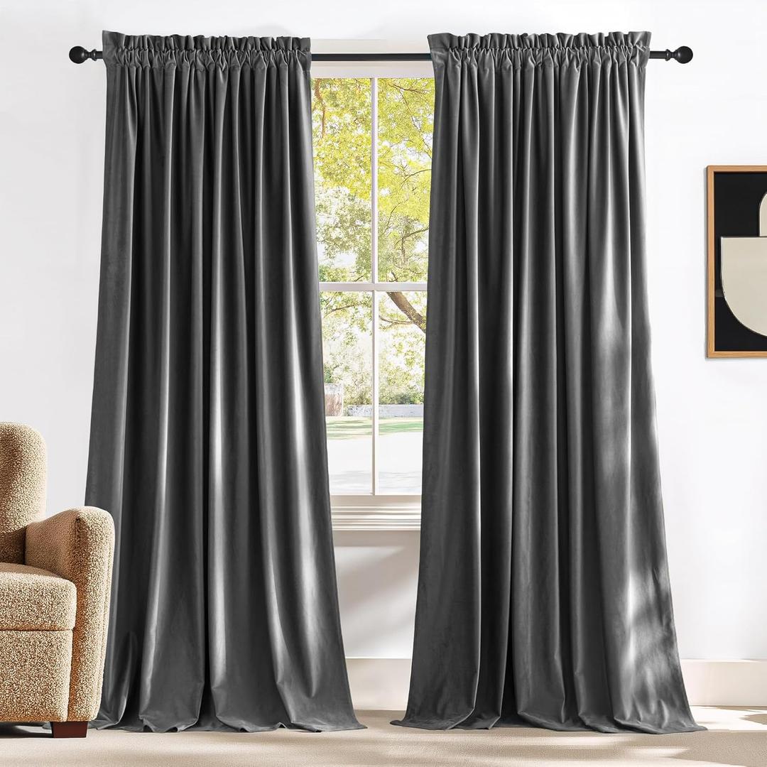 NICETOWN Grey Luxury Velvet Curtain Panels 96 inches Long 2 Panels, Home Decoration Blackout Window Treatments for Living Room/Bedroom/Home Theatre, 52 x 96