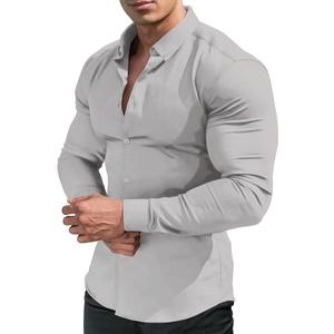 URRU Men's Muscle Dress Shirts Slim Fit Stretch Long&Short Sleeve Casual Button Down Shirt, S 