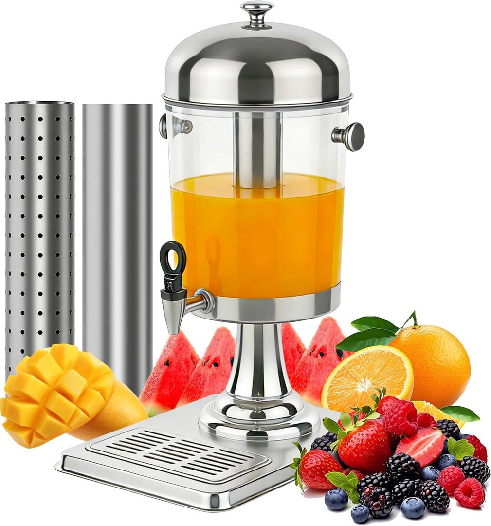 Beverage Dispenser with Stand,2 Gallon Drink Dispenser for Parties,Events,Buffet &Self-Serve,Dual Ice Tube Core Fruit Infuser,Leakproof Spigot,Clear PC Container,Stainless Steel Lid&Base