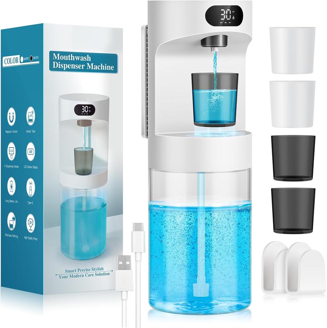 Automatic Mouthwash Dispenser for Bathroom,20.29 oz Touchless Electric Mouth Wash Dispensers Bathroom Accessories Set with 4 Magnetic Cups,4 Modes Wall Mounted Mouth Wash Dispenser for Home & Kids (White)