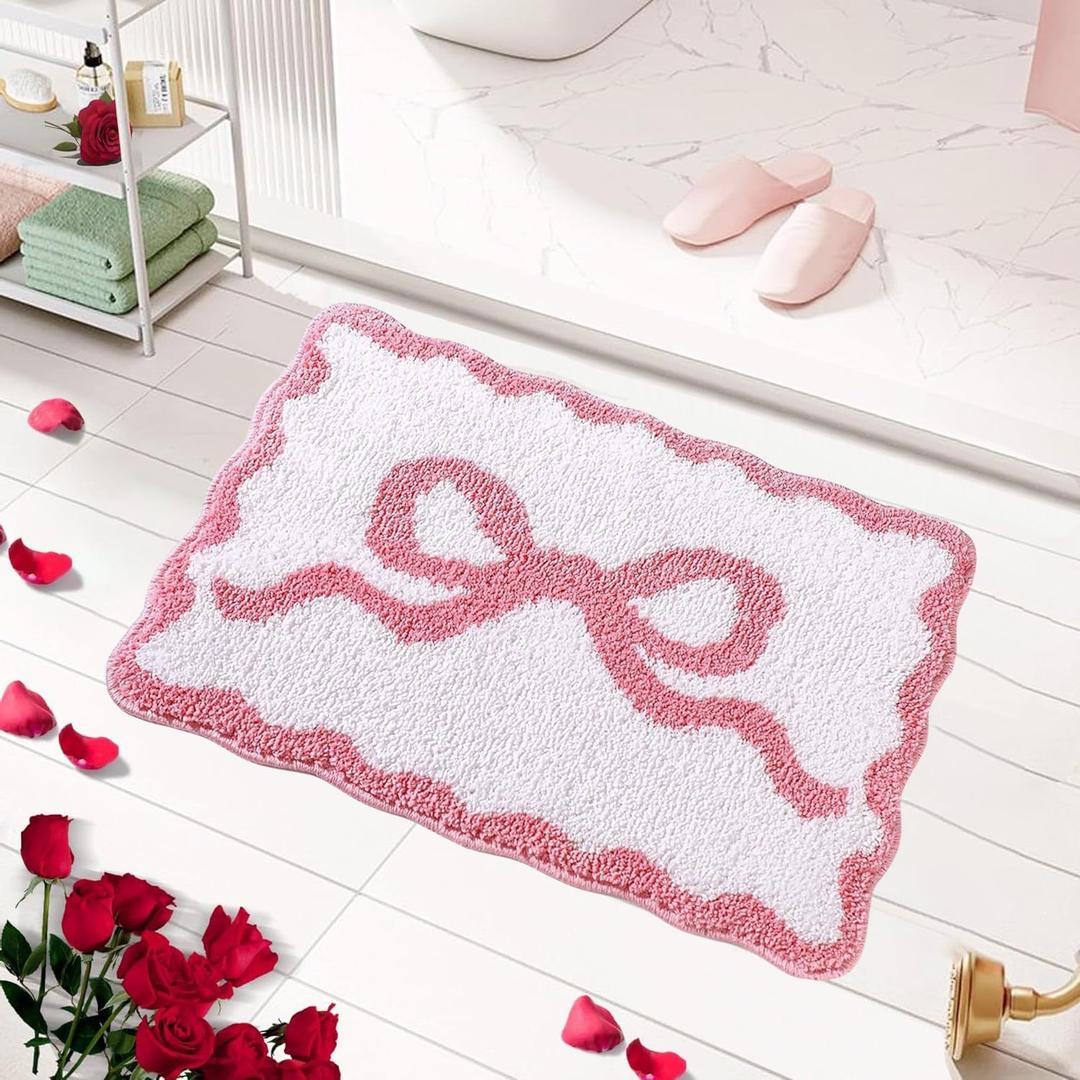 Pink Scalloped Bow Non-Slip Bath Mat - Absorbent Microfiber Shower Rug, Preppy Cute Funny Bathroom Decor, Machine Washable Bathtub Rug (Pink, 20" X 32")