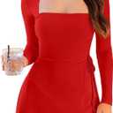 XXTAXN Womens Sexy Long Sleeve Square Neck Bodycon Mesh Mini Dress Red (S)
