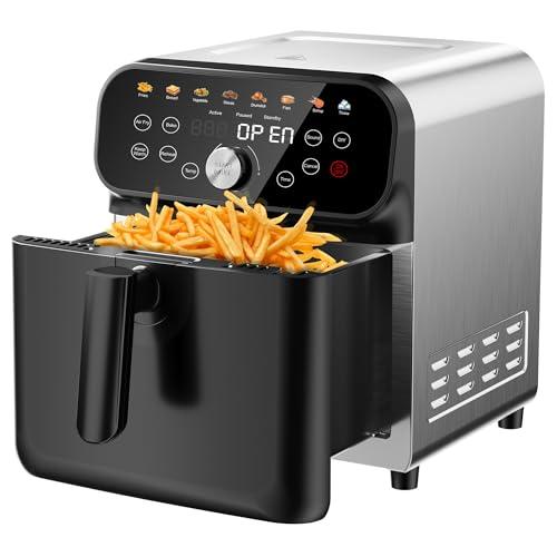WHUTO Air Fryer, 6QT Air Fryer Oven with LED Digital Touchscreen, 12 Preset Cooking Functions Air fryers, Bake, Reheat, Keep Warm, Nonstick and Dishwasher-Safe Basket, Stainless Steel/Black