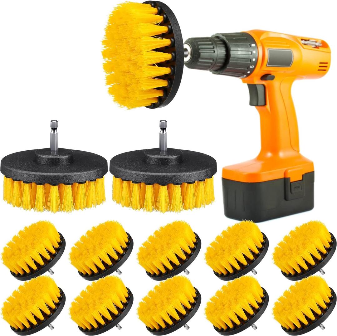 Drill Brush Attachment Power Scrubber Cleaning Kit Multi Purpose Drill Brush Set Drill Scrubber Brush Kit Cleaning Brushes for Drill Bathroom Surfaces Tub Grout Shower Kitchen (Yellow, 12 Pcs)