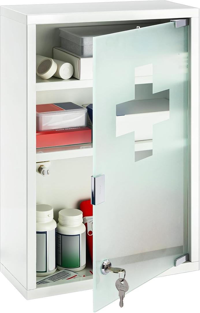 Timgle First Aid Wall Cabinet with Lock Medicine Wall Mounted Bathroom Storage Hanging Medical Cabinet with Safety Glass Door for Bathroom (3 Shelves,White)