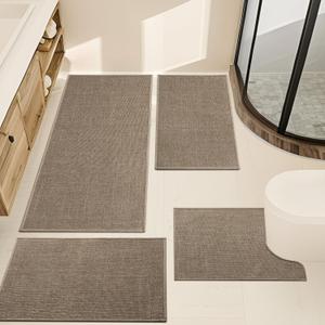 YIHOUSE Brown Bathroom Rug Sets 4 Piece, Dark Beige Absorbent Bath Mat for Bath Room Non Slip Washable,Bathroom Mat Quick Dry, Thin Bath Rug Set for Toilet and Floor