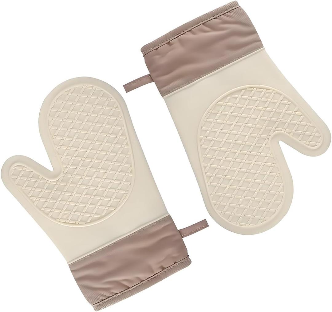 Silicone Oven Mitts 2-Pack, Khaki Beige Heat Resistant - Extra Long 10.9 x 7.2 Inch for Grilling, BBQ, Cooking, Fire Pit - Hot Pads and Potholders Kitchen Accessories for Women Men