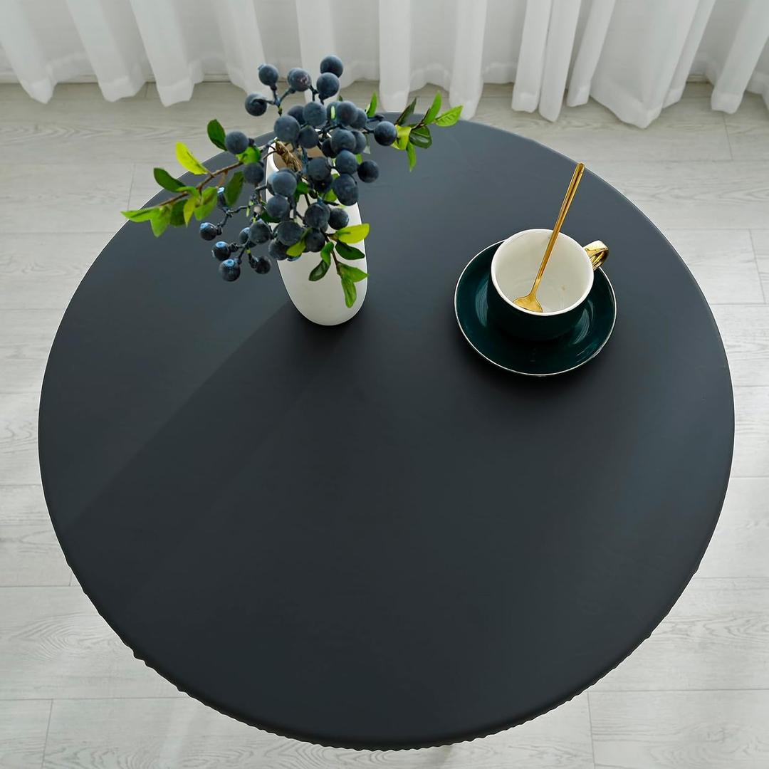 vctops 100% Waterproof Pu Leather Round Table Cloth Cover, Oil Proof Wipeable Elastic Fitted Tablecloth, Windproof Washable Table Protector for Picnic, Camping, Outdoor (Dark Grey,35")