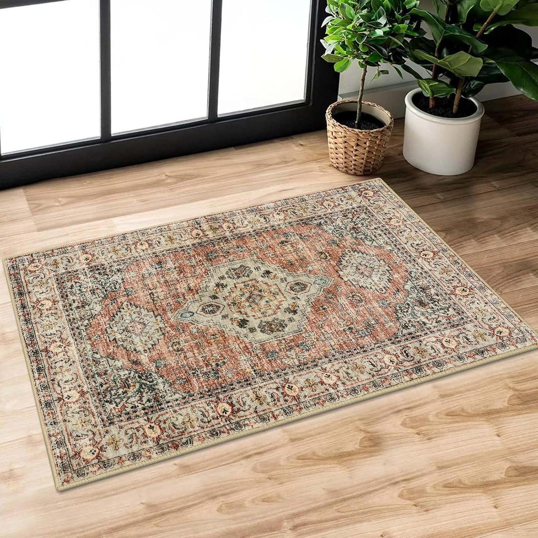 Lahome Oriental 2x3 Washable Rugs for Entryway, Soft Door Mat Indoor Entrance Small Kitchen Rugs Non Slip Ultra-Thin, Vintage Carpet for Bedroom Bathroom Eleanor, Peach/Orange