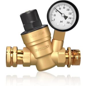 RVGUARD RV Water Pressure Regulator Valve, Brass Lead-Free Adjustable Water Pressure Reducer with Gauge and Inlet Screen Filter for RV Camper Travel Trailer