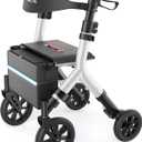 WALK MATE Rollator Walker for Seniors 5.3~7ft Tall, Height-Adjustable Seat, Built-in Cable, 10 Inch Wheels, 16.5 lb Lightweight & Compact Folding Design, 300 lb Capacity, Silver