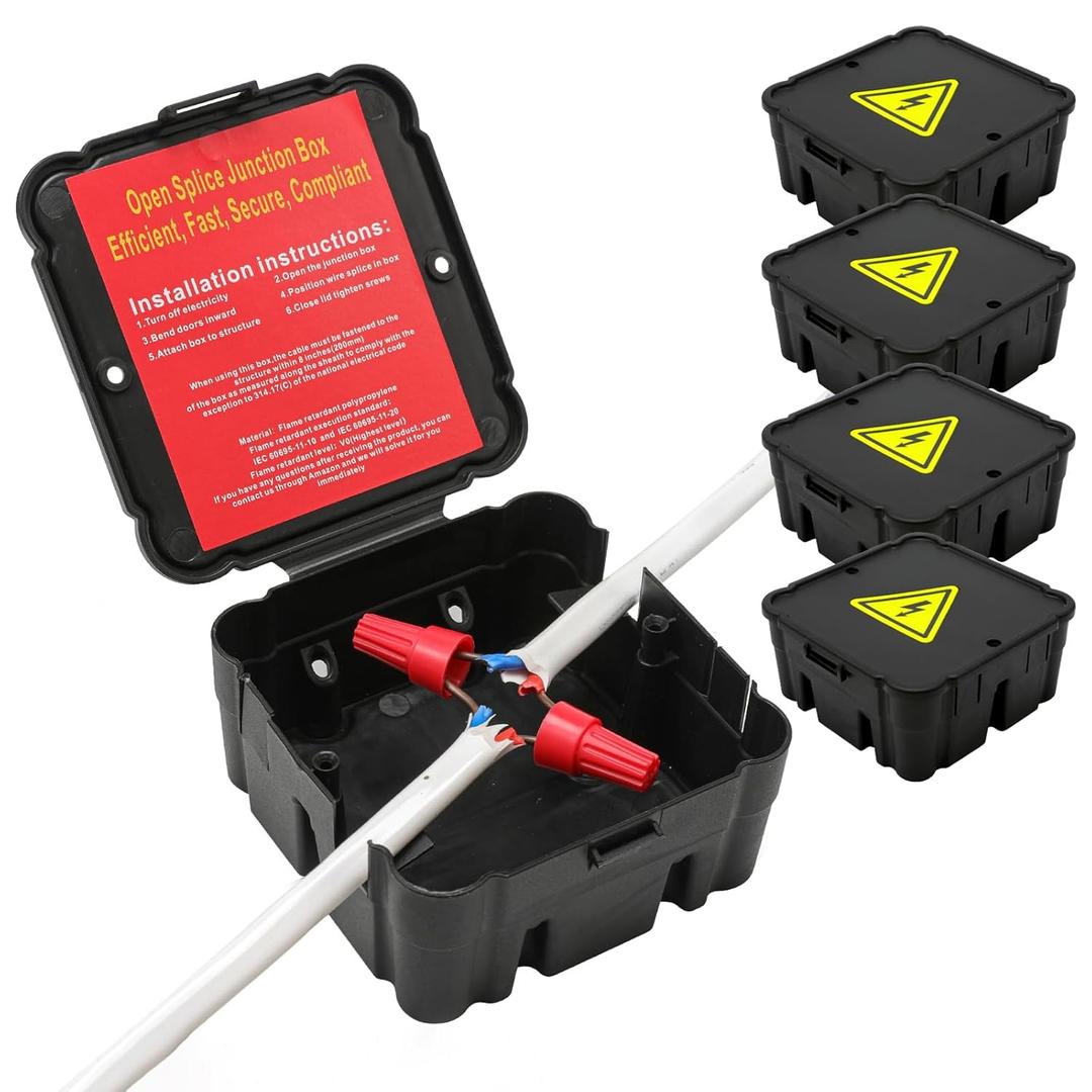 Black Open Splice Junction Box (4 Pack)Open Splices Repair Open Splices, 5 Second Installation Splice Box, Wire Electrical Junction Box with Cover V0 Flame Retardant Rating(Highest Level)