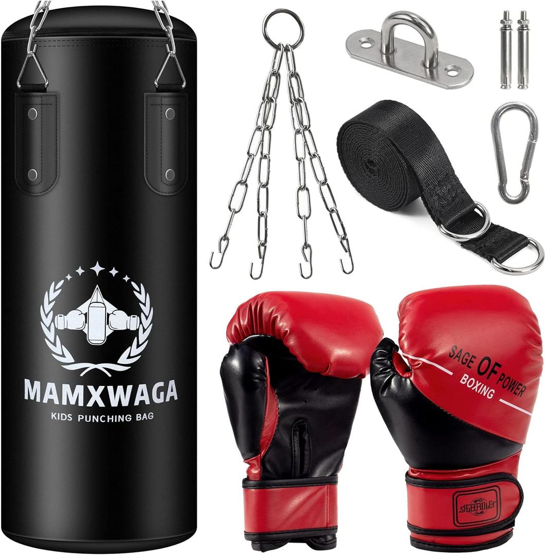 Kids Punching Bag Set Unfilled, Hanging Boxing Bag Kickboxing Bag with Boxing Gloves, Kids Boxing Set for 3-12 Years, for Youth Karate Muay Thai Kick Taekwondo Training