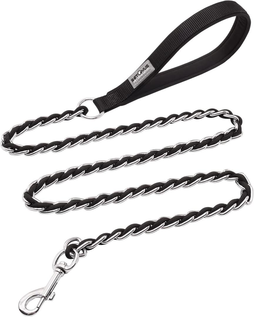 Chain Dog Leash Chew Proof Metal for Medium Large Dogs, Anti Bite 4FT Strong With Comfortable Soft Padded Handle - Black 3.0