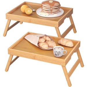 Fibogollo 2 Pack Bamboo Bed Tray Table with Folding Legs,Breakfast Trays,Serving Tray for Food and Snack,Laptop Trays for Working(Natural)