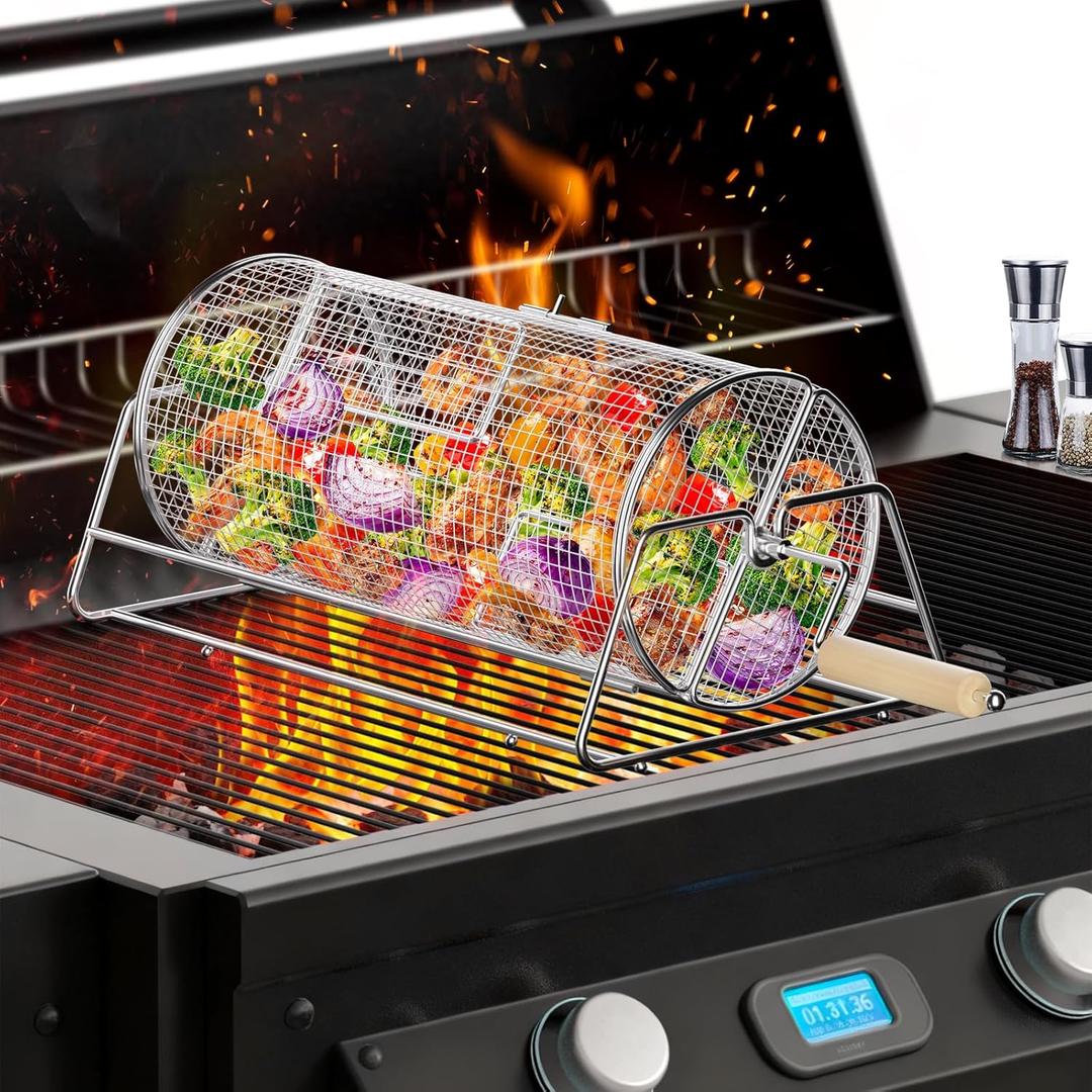 Rotatable Rolling Grill Baskets, 304 Stainless Steel, Even Cooking Nesting Grilling Net, BBQ Accessories Tools for Vegetables Shrimp, Outdoor Camping, Gifts for Birthday/Men/Dad/Husband