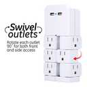 GE 6-Outlet Extender with Swivel Outlets, 2 USB Ports, Grounded Wall Tap, Built-In Device Shelf, Adapter Spaced, 3-Prong, Cruise Essentials, Use for Home Office School Dorm, UL Listed, White, 37064