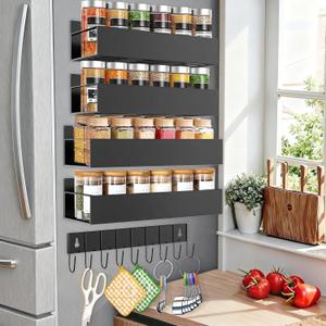 Magnetic Spice Rack for Refrigerator Seasoning Organizer for Spice Fridge Shelf storage Magnetic Shelf with Hook for Oven (4pack1hook-Black)