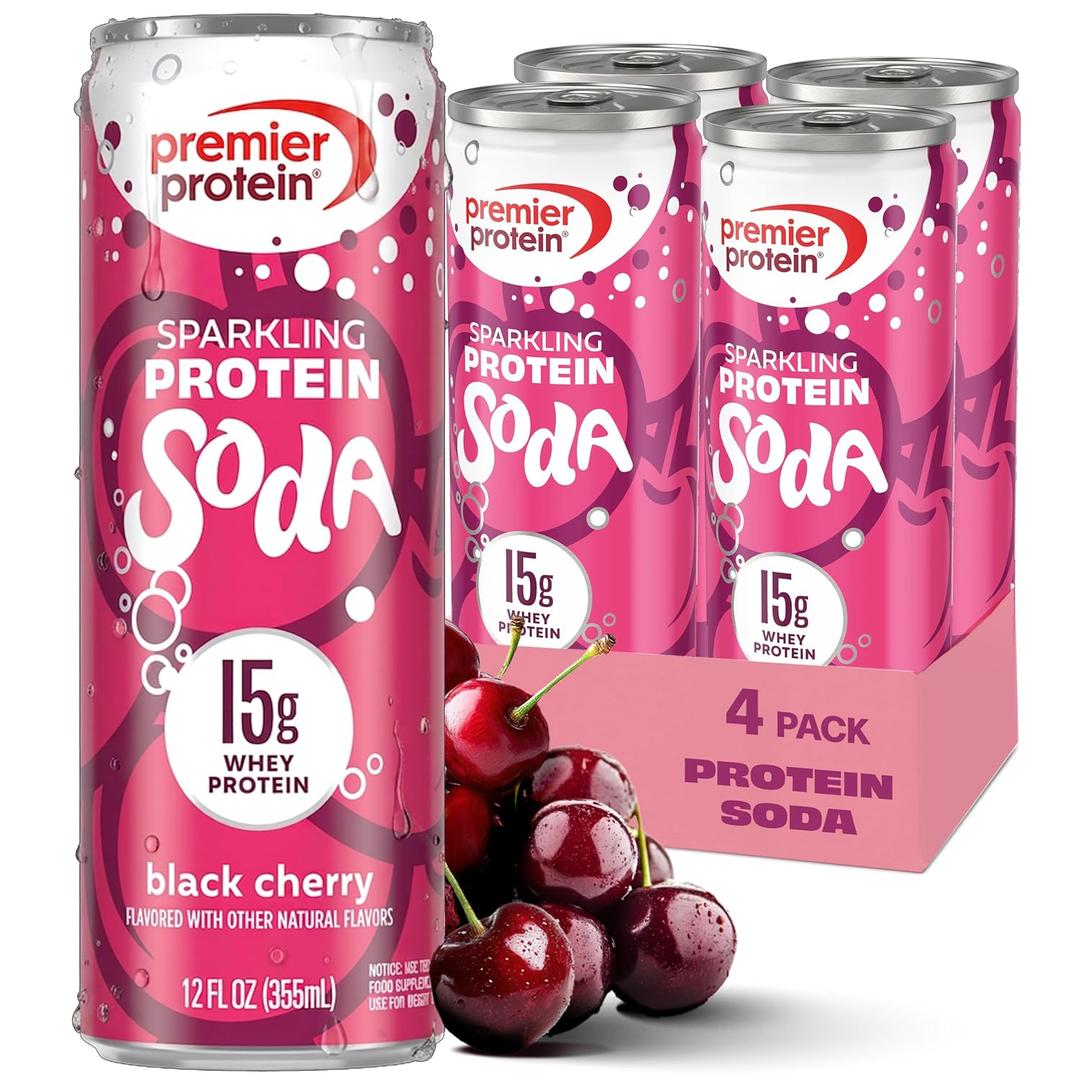 Premier Protein Sparkling Protein Soda, Black Cherry, 15g Whey, 4 Pack (EXP 08/06/27)