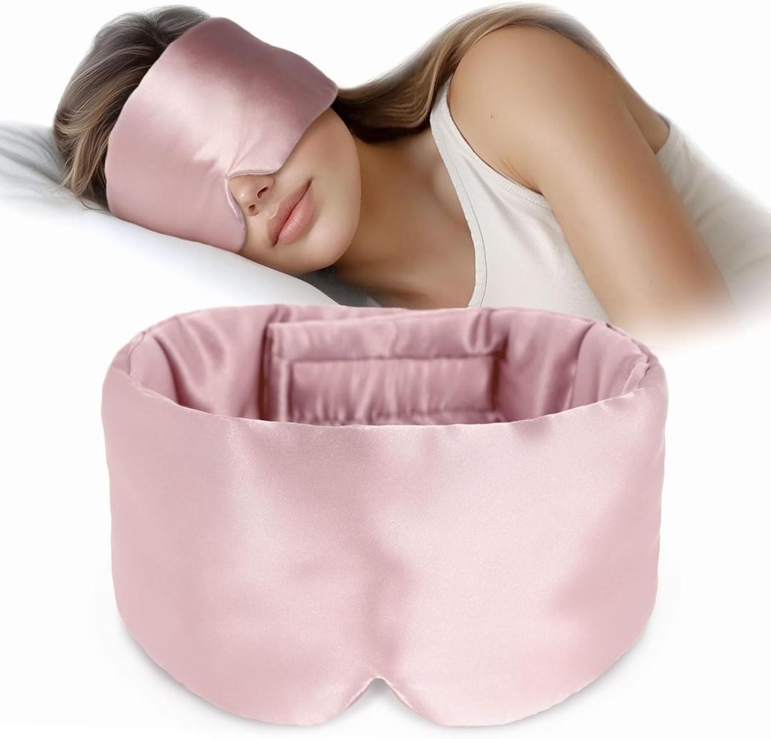 Silk Sleep Mask Soft Pressureless: 100% Mulberry Silk for Eye Skin Anti Wrinkles, Large Size for Total Blackout, Adjustable Wide Velcro Ear Cover (Pink)