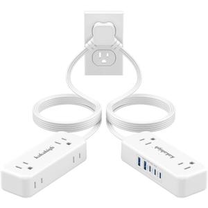 Split Extension Cord 10FT (5FT on Each Side), Single Flat Plug Twin Extension Cord with 4 AC Outlets, 2 USB-A & 3 USB-C(24W/4.8A), Nightstand Charging Station for Bedroom Dorm Room Home, His and Hers