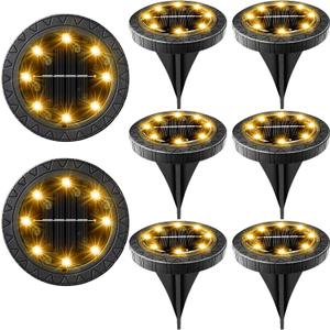 Solar Powered 8 Pack Outdoor LED Disk Lights - IP68 Waterproof, Non-Slip, Wear-Resistant Pathway Lights (Warm White) (Black)