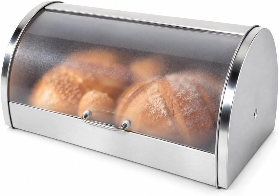 Oggi Stainless Steel Roll Top Bread Box for Kitchen Countertop with Frosted Plexilass Lid - Fits Multiple Loaves of Bread and Other Freshly Baked Goods Including Cookies, Bagels, Muffins, 15 x 7.25 x 1 inches