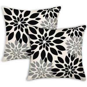 Black Dahlia Throw Pillow Covers 16X16 Inch Rustic Gray Grey Beige Geometric Floral Elegant Print Pillow Case Outdoor Farmhouse Square Cushion Cover Home Decor for Sofa Couch Bed, Set of 2