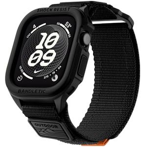 Bandletic Rugged Case with Band Compatible with Apple Watch Bands 45mm 44mm (Series 9/8/7/SE3/SE2/SE/6/5/4, Durable TPU Protective Cover Bumper Case with Nylon for Men Women(Black M, 45/44mm)