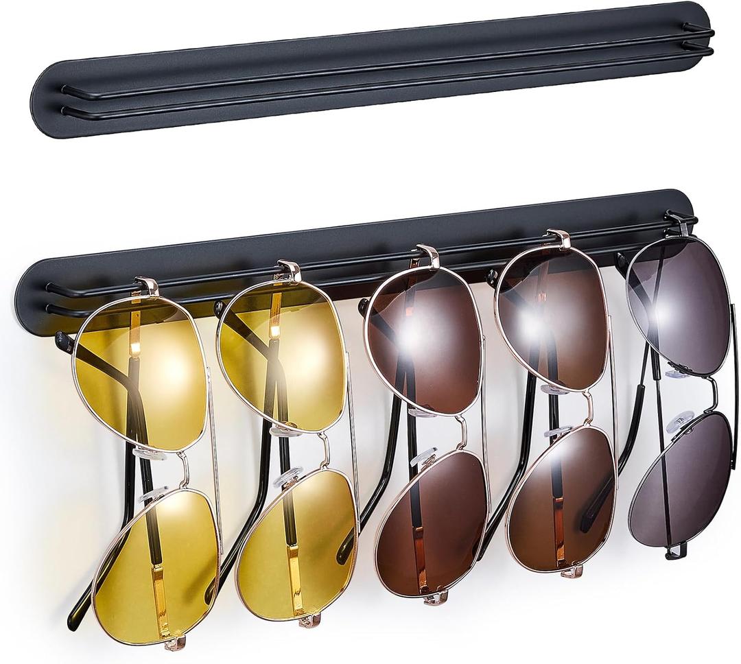 Sunglasses Organizer Wall Mounted, Metal Glasses Sunglass Holder for Wall, Self Adhesive Eyeglass Display Storage Rack for Hanging Multiple Glasses (Black, 2PCS)