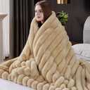 Fluffy Faux Fur Throw Blanket, Thick 1000GSM Soft Cozy Throw Blankets for Bed, Luxury Plush Striped Warm Fuzzy Blanket for Couch LivingRoom Home Decor & Gifts(60"x 80", Beige)