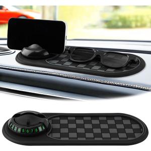 Multifunction Car Anti-Slip Mat, Car Dashboard Mobile Phone Holder, Anti Slip Mat Phone Holder and Temporary Parking Number Pad - Secure Storage for Sunglasses, Keys, Gadgets (Black/Silver)