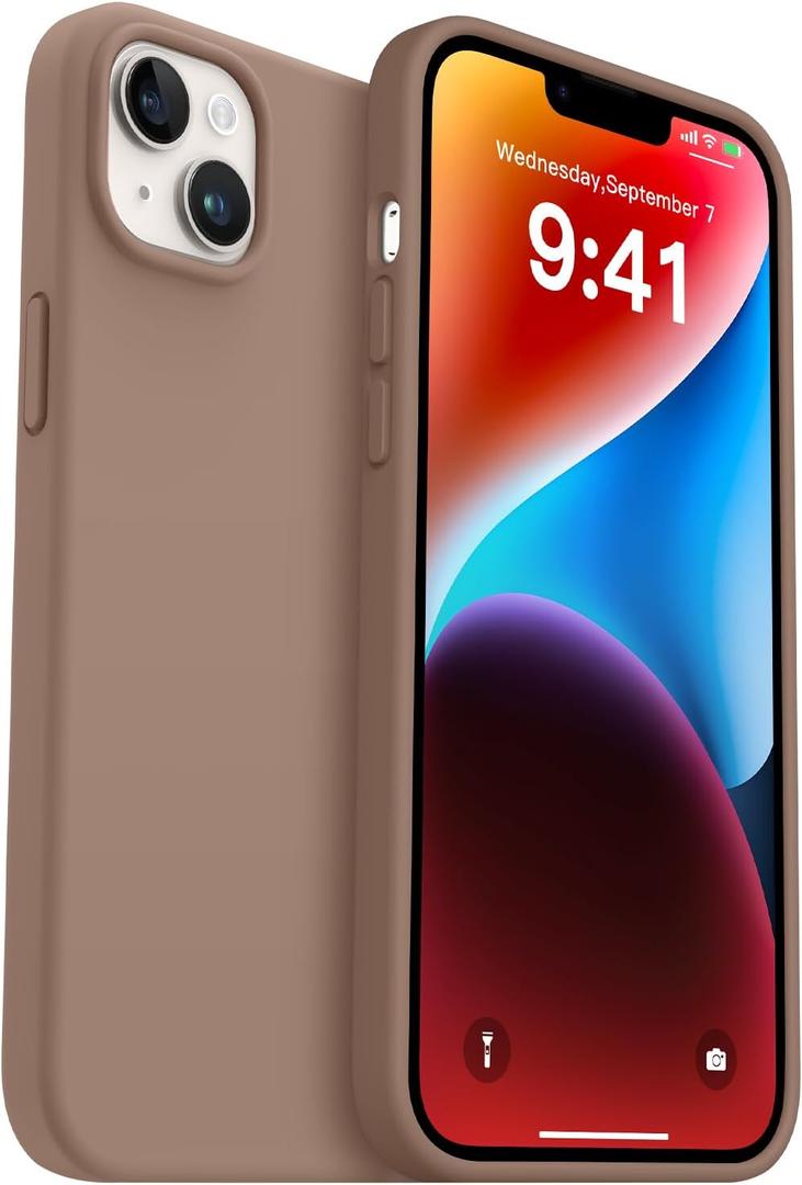 AOTESIER Compatible with iPhone 14 Plus Case, Full Body Food-Grade Silicone Wear-Resistant, Anti-Drop Protection with Soft Anti-Scratch Microfiber Lining Phone Case 14 Plus, 6.7 inch, Light Brown