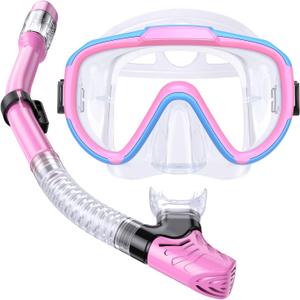 Kids Snorkel Set, Anti-Fog Panoramic Tempered Glass Kids Snorkel mask, Anti-Leak Scuba Diving Mask with Mesh Bag, Dry Top Snorkeling Gear for Kids and Youth Age 4-16 (Blue+Pink+Transparent)