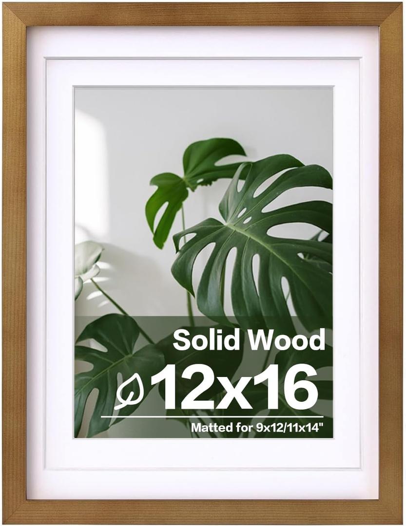 Egofine 12x16 Picture Frame Made of Solid Wood with Plexiglass, Display Pictures 9x12/11x14 with Mat or 12x16 Without Mat, for Wall Mounting Photo Frame, Light Brown